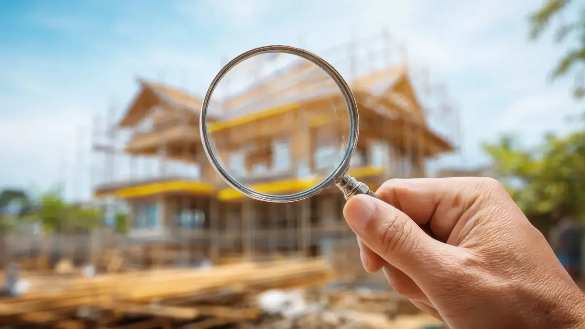 Magnifying glass inspecting a construction site representing defective work claims