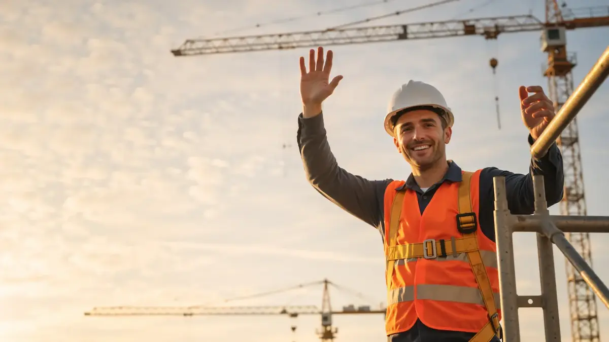 Construction worker waving at jobsite representing the cost of waiving lien rights too early