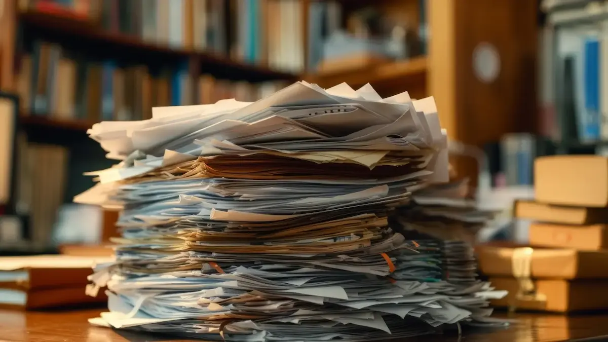Stack of old property records and legal documents involved in quiet title action research